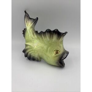 Vintage Ceramic Fish Wall Pocket Planter Green Pink Brown Mid Century